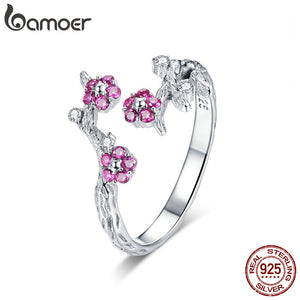 BAMOER 100% 925 Sterling Silver Winter Blooming Plum Flower Open Size Rings for Women Wedding Engagement Jewelry BSR022